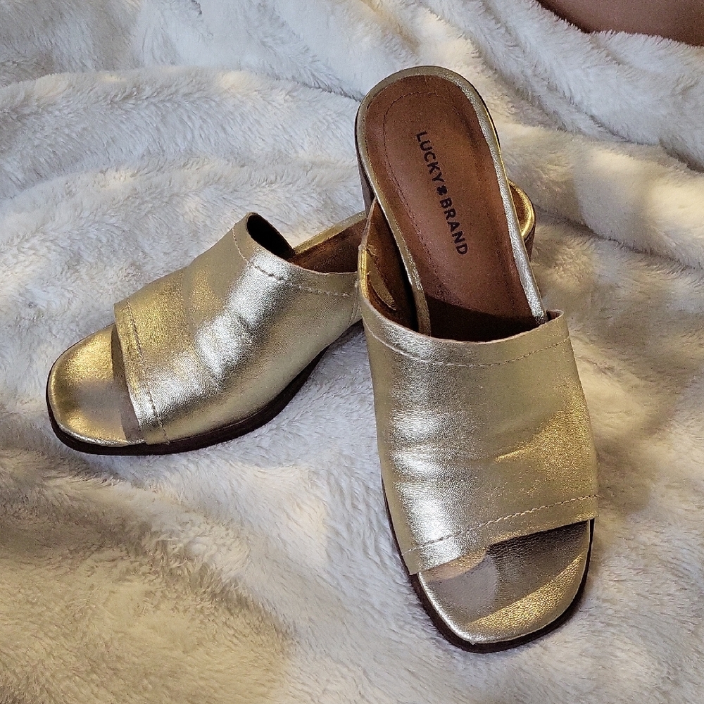 Lucky Brand Metallic Gold Leather Mules